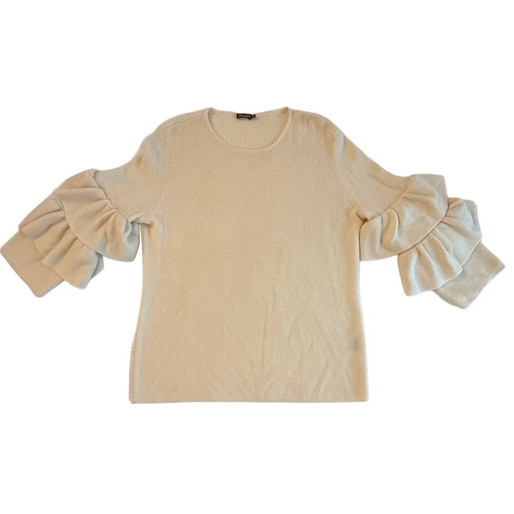 J McLaughlin Cream Italian Merino Wool Ruffle Sleeve‎ Sweater Feminine Spring M